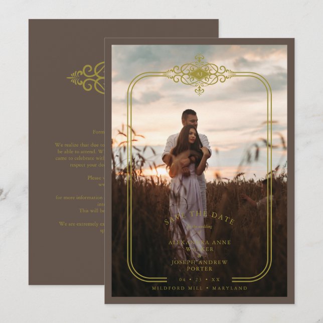 Reserve A Data Brown Trendy Lace Flourish Initials Wedding Photo (Frente/Verso)