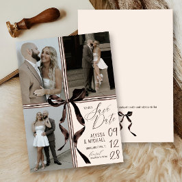 Reserve A Data Brown Watercolor Bow Modern 3 Photo Ivory Wedding