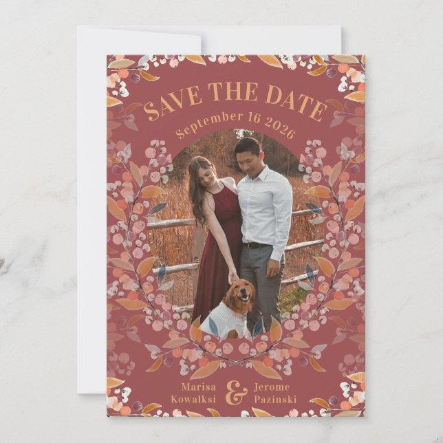 Reserve A Data Burgundy Berry Frame Foto Dourada Salvar Data (Frente)