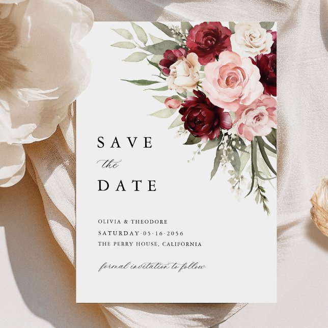 Reserve A Data Burgundy Blush Pink Floral Rose Wedding (Burgundy blush pink floral save the date card, elegant wedding stationery rose invitation)