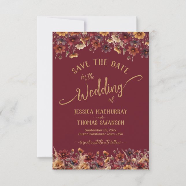 Reserve A Data Burgundy Boho Chic Wildflowers Calligraphy Wedding (Frente)