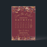 Reserve A Data Burgundy Boho Chic Wildflowers Wedding Calendar<br><div class="desc">This Save the Date card features a beautiful boho chic design with elegant modern script lettering on a burgundy colored background, and a border of delicate wildflowers in deep rich earthtone shades of sienna, gold, plum, and cream. There is a customizable calendar where you can put a heart around your...</div>