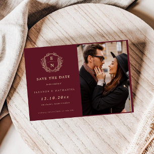 Reserve A Data Burgundy Champagne Dourado Crest Monograma Formal