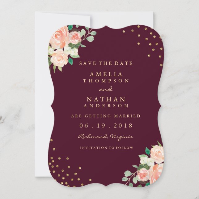 Reserve A Data Burgundy Dourada Floral Confetti Salvar Data (Frente)