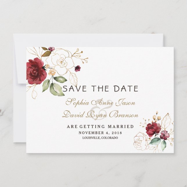 Reserve A Data Burgundy Dourado Floral Casamento Salve A Data (Frente)