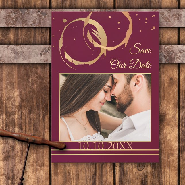 Reserve A Data Burgundy Dourado Wine Foto Save the Date Card (Sal (Criador carregado)
