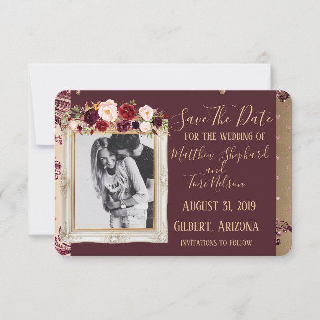 Reserve A Data Burgundy e Dourada Salvar a Data (Confetti Dourado (Frente)