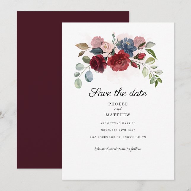 Reserve A Data Burgundy Floral Botânico Moderno Salve A Data (Frente/Verso)