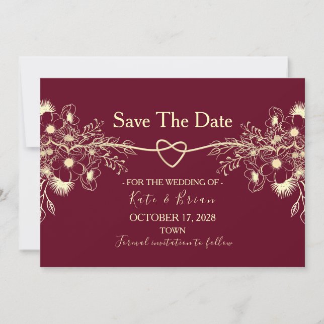 Reserve A Data Burgundy Floral Dourado Casamento Salve A Data (Frente)