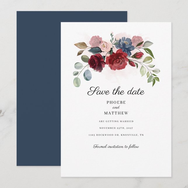 Reserve A Data Burgundy Floral Verdura Azul Marinho Save The Date (Frente/Verso)