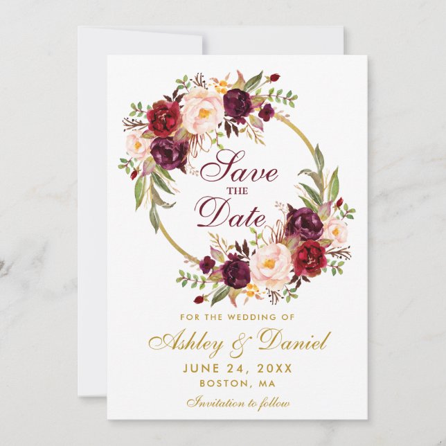 Reserve A Data Burgundy Floral Wreath Dourada Salvar Data (Frente)