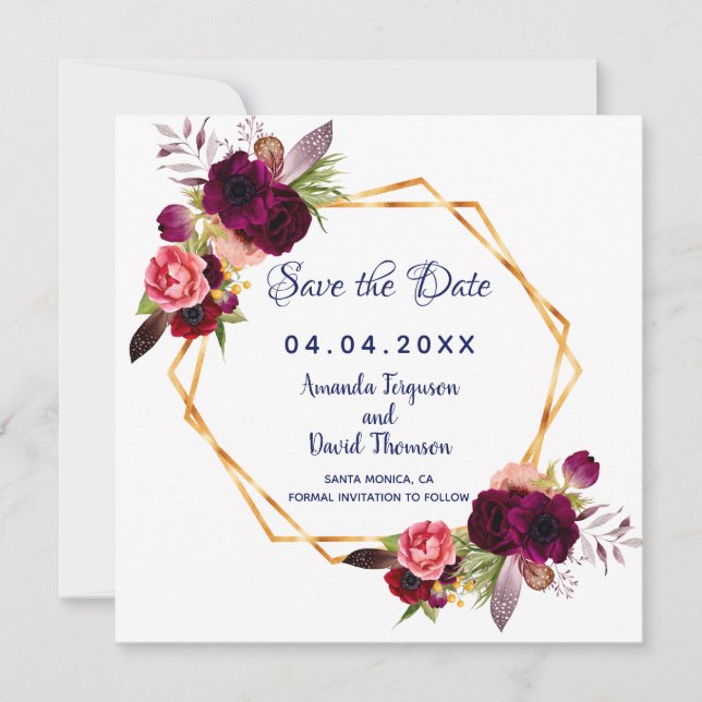 Reserve A Data Burgundy Flowers Blue Wedding Salvar data (Frente)