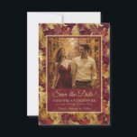 Reserve A Data Burgundy & Gold Autumn Leaves & Photo Wedding<br><div class="desc">These beautiful wedding save the date cards feature your photo on a rustic boho chic watercolor background with leaves and foliage in shades of burgundy and gold. The caption reads: Save the Date in elegant script lettering. There is space for your names, the wedding date & location below. Perfect for...</div>