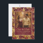 Reserve A Data Burgundy & Gold Autumn Leaves & Photo Wedding<br><div class="desc">These beautiful wedding save the date cards feature your photo on a rustic boho chic watercolor background with leaves and foliage in shades of burgundy and gold. The caption reads: Save the Date in elegant script lettering. There is space for your names, the wedding date & location below. Perfect for...</div>
