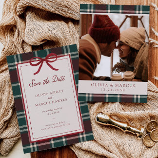 Reserve A Data Burgundy Green Plaid Christmas Bow Wedding