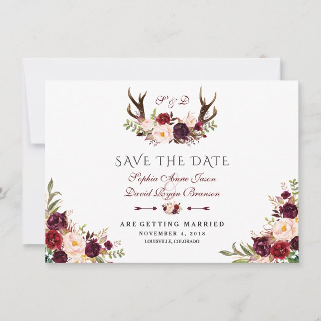 Reserve A Data Burgundy Marsala Floral Antílope Salvar Data (Frente)
