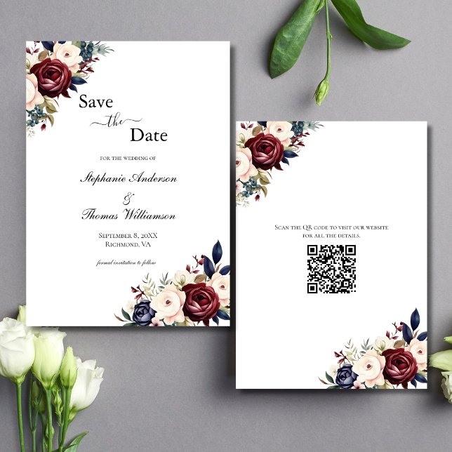 Reserve A Data Burgundy Navy Creme Floral Elegante Moderno código (Burgundy, Navy Blue, Cream Floral Watercolor QR code Wedding Save the Date Cards)