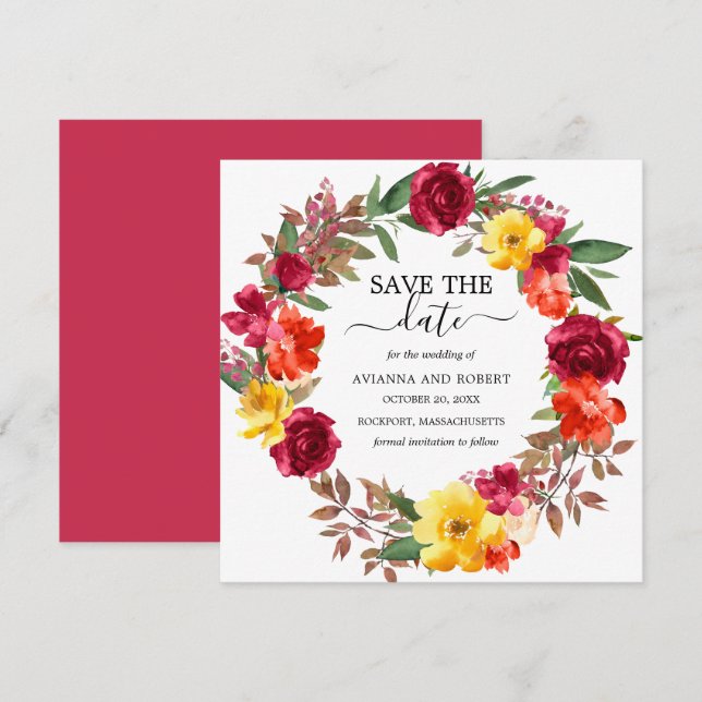 Reserve A Data Burgundy Orange Yellow Floral Wreath Salvar Data (Frente/Verso)