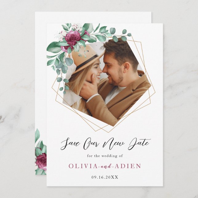 Reserve A Data Burgundy Purple Ivory Floral Foto Geométrica (Frente/Verso)