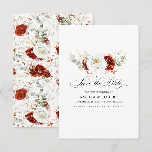 Reserve A Data Burgundy Red and White Chic Floral Save the Date (Frente/Verso)