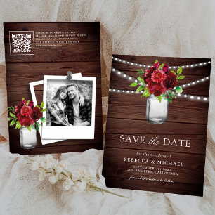 Reserve A Data Burgundy Red Floral Wood Código QR Foto Casada