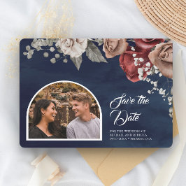 Reserve A Data Burgundy Red Roses Floral Navy Blue Wedding Photo