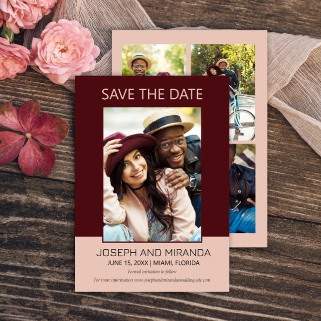 Reserve A Data Burgundy Rosa 4 Foto Casamento Save Date Salvar a  (Burgundy and pink 4-photo (front and back) wedding Save the Date flat card)