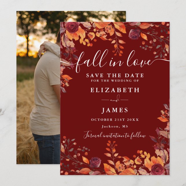 Reserve A Data Burgundy Rustic Fall Autumn Photo Wedding (Frente/Verso)