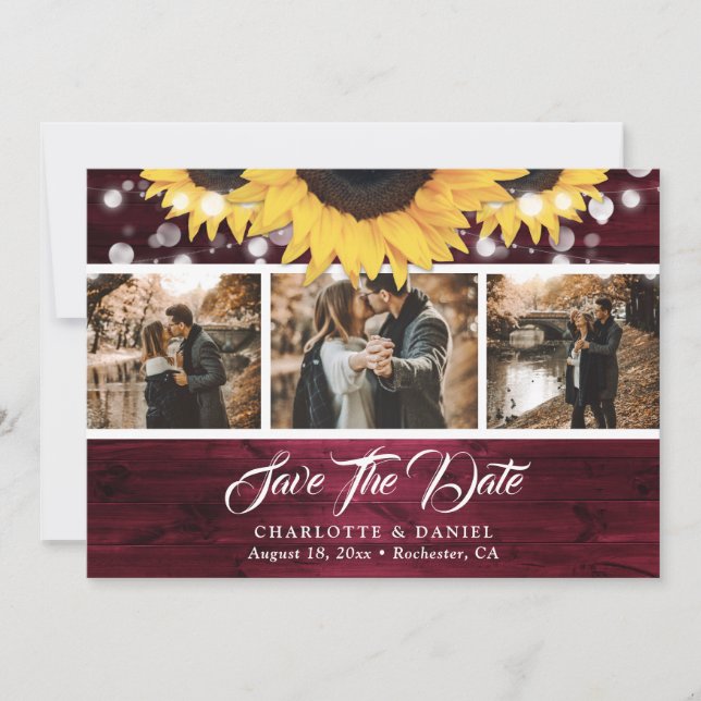 Reserve A Data Burgundy Rustic Wood Sunflower Photo (Frente)