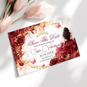 Reserve A Data Burgundy Vermelho Dourado Floral Quinceanera