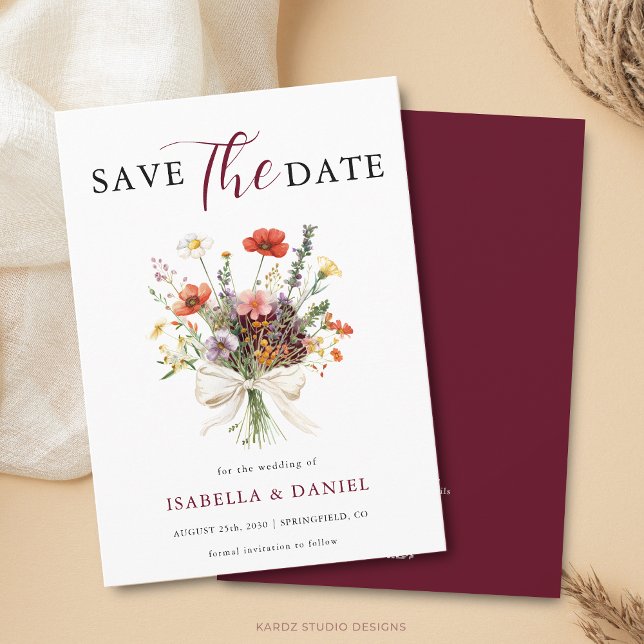 Reserve A Data Burgundy Wedding Floral (Card is shown in 4.5 x 6.25 inches with square corners. Choose size, corner and paper style.)
