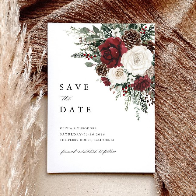Reserve A Data Burgundy Winter Floral Elegant Wedding (Burgundy winter floral save the date card pinecone ivory rustic elegant wedding announcement)