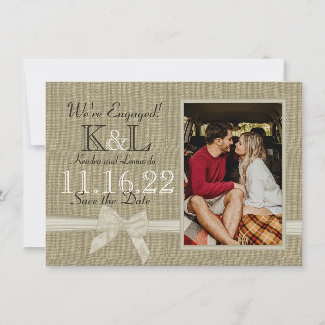 Reserve A Data Burlap and Arco Rustic Country Save Date (Quebra e (Frente)