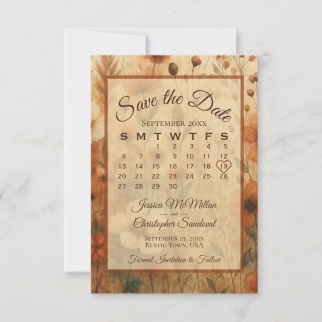Reserve A Data Burnt Sienna Boho Chic Flowers Calendar Wedding (Frente)