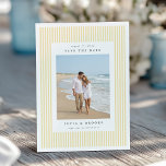 Reserve A Data Butter | Classic Pinstripe Photo Wedding<br><div class="desc">Announce your upcoming wedding with these elegant save the date cards by Redwood and Vine Design Co, featuring a vertical photo against a classic preppy pinstripe background in soft butter yellow and crisp white. Customize the back with additional text and a custom QR code leading to your wedding website for...</div>