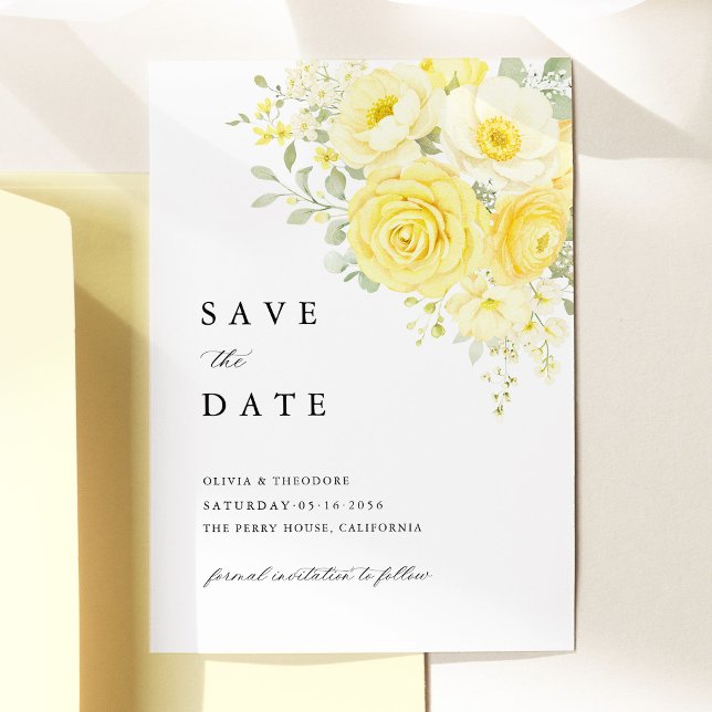 Reserve A Data Butter Yellow Ivory Floral Wedding (butter yellow ivory floral save the date, yellow rose save the date card elegant wedding stationery)