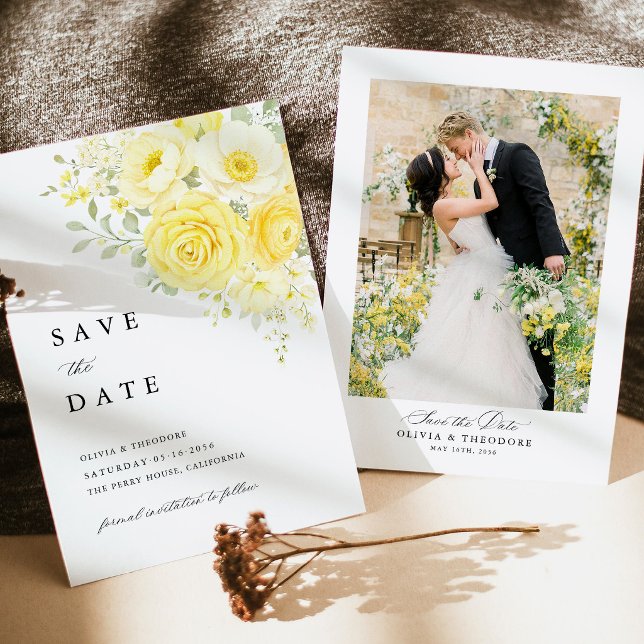 Reserve A Data Butter Yellow Ivory Floral Wedding Photo (butter yellow photo save the date, yellow cream ivory floral wedding announcement with photo)