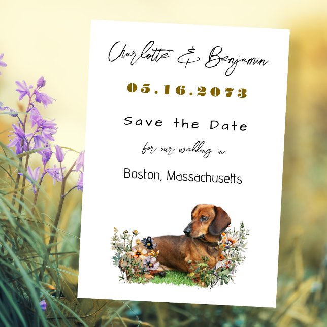 Reserve A Data Cachorro Dachshund e Flores Selvagens Salve a Data (Criador carregado)