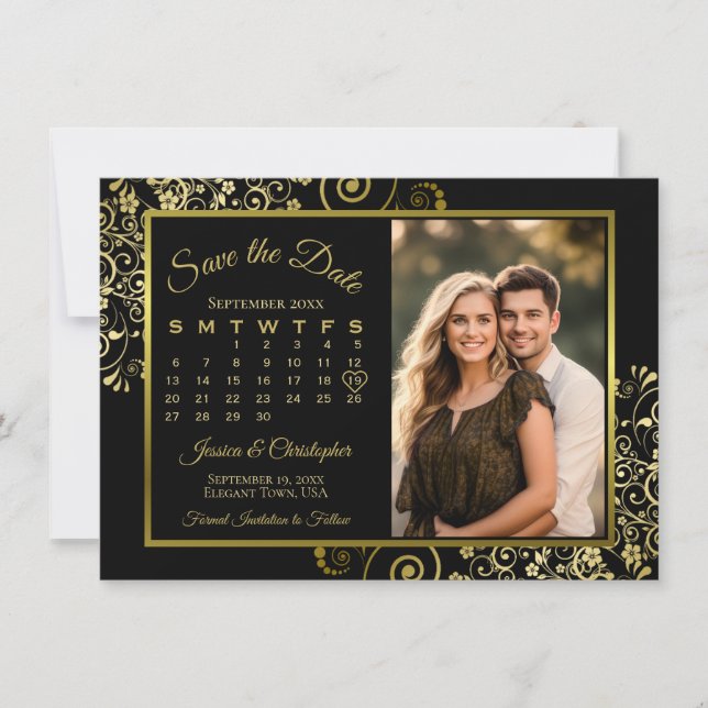 Reserve A Data Cachos de Ouro Elegantes em Foto de Calendário Pre (Frente)