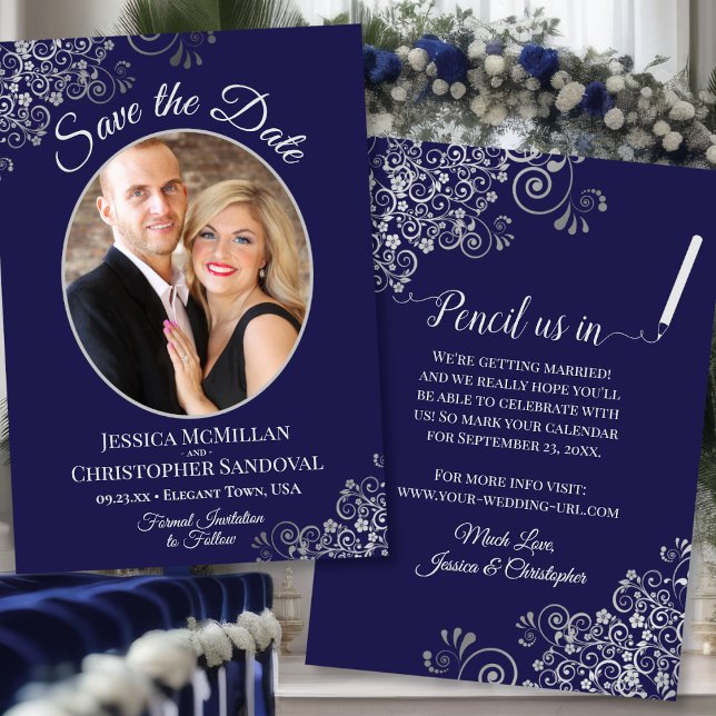 Reserve A Data Cachos de Prata Elegantes e Foto em Azul Marinho C (Front/Back)
