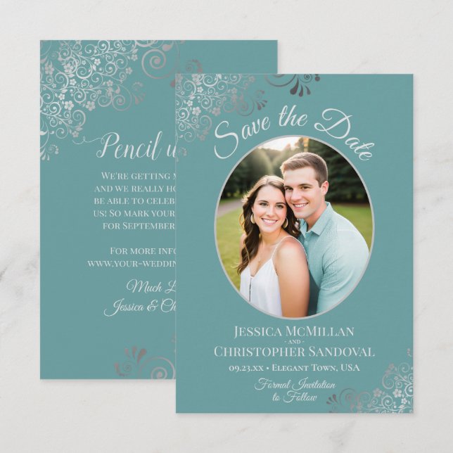 Reserve A Data Cachos de Prata Elegantes e Foto em Casamento Azul (Frente/Verso)
