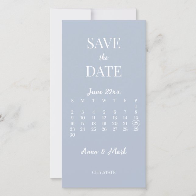 Reserve A Data Calendário Azul Empoeirado Moderno Minimalista (Frente)