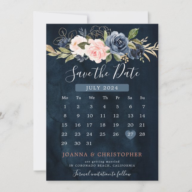 Reserve A Data Calendário Boho Rosa Pink Azul Marinho (Frente)