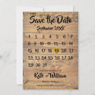 Reserve A Data Calendário Coração de Amor Dourado em Madeira Rúst