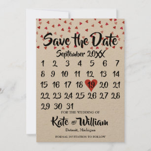 Reserve A Data Calendário Coração de Amor Vermelho Rubi Rústico S