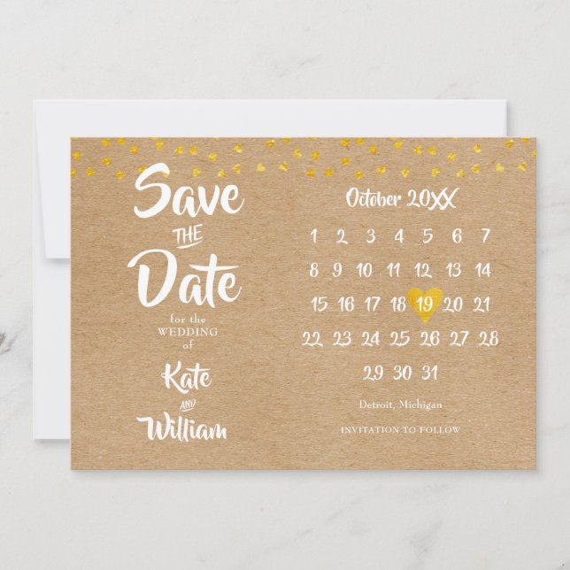 Reserve A Data Calendário Coração Dourado Elegante Rústico Boho (Frente)