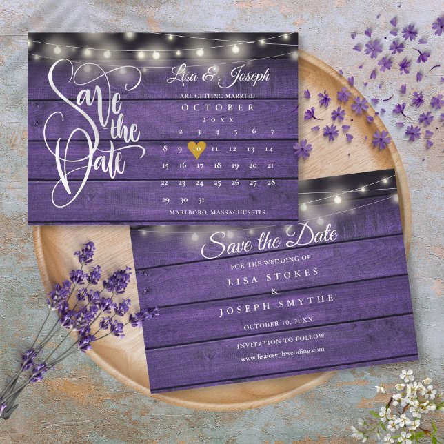 Reserve A Data Calendário Coração Dourado Rustico Roxo Madeira Ca (Calendar Gold Heart Rustic Purple Wood Wedding Save The Date)