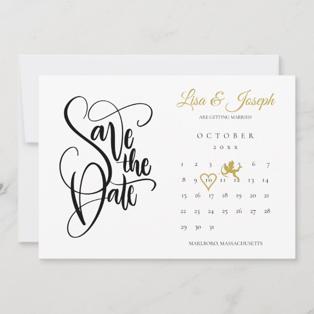 Reserve A Data Calendário Cupido de Ouro Amor Coração (Frente)