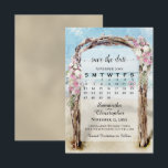 Reserve A Data Calendário de Arbor de Praia de Madeira Flutuante<br><div class="desc">Este lindo cartão de salvar a data é perfeito para um casamento de destino. Ele apresenta um calendário personalizável onde você pode colocar um coração em torno da data do seu casamento com um arbor de praia de madeira flutuante adornado com flores rosa e branca em aquarela. Há espaço para...</div>