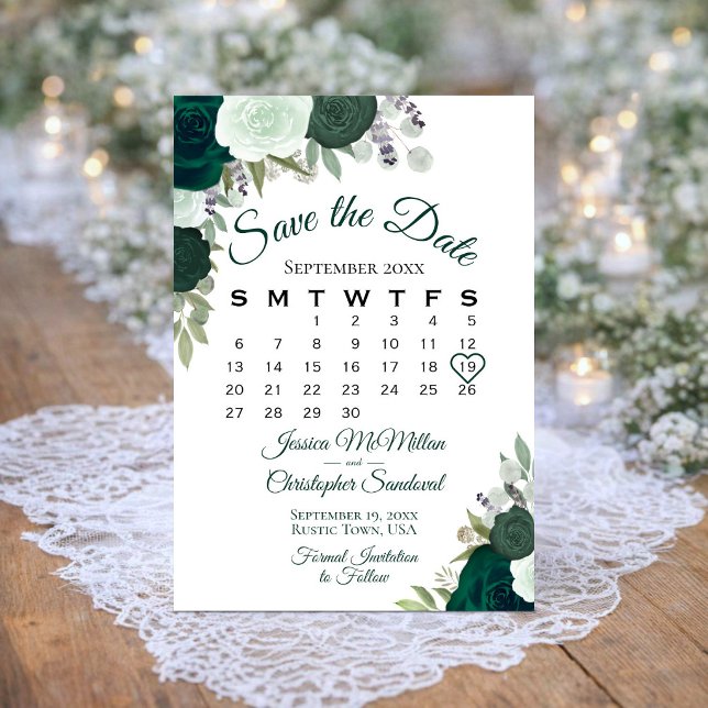Reserve A Data Calendário de Casamento Boho Elegante Floral Verde (Customize the Calendar and Drag the Heart over Your Wedding Date!)